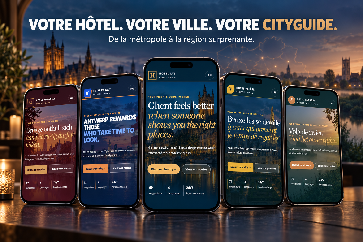 Cinq cityguides d’hôtels dans différentes identités visuelles sur des smartphones