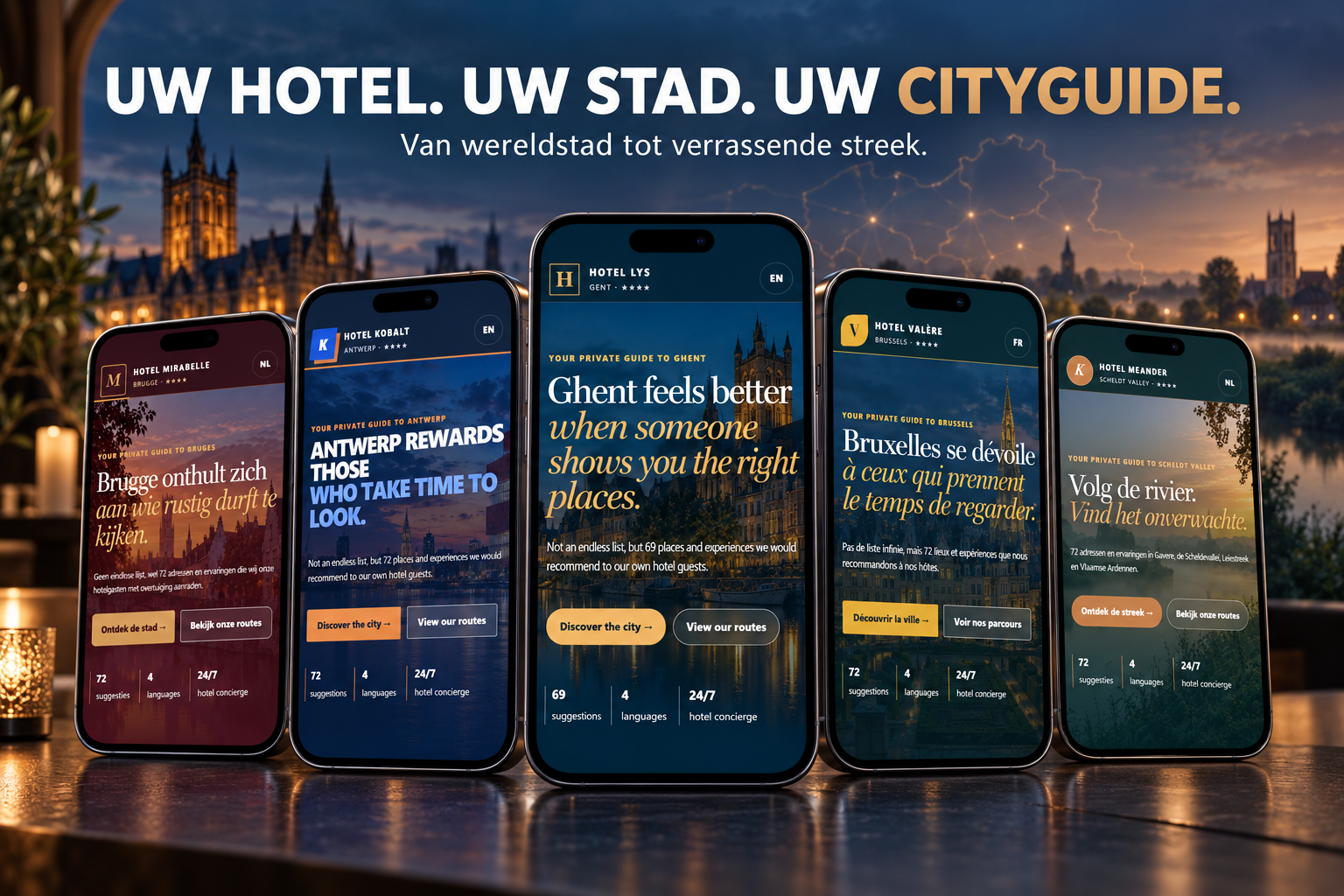 Vijf hotelcityguides in verschillende hotelhuisstijlen op smartphones